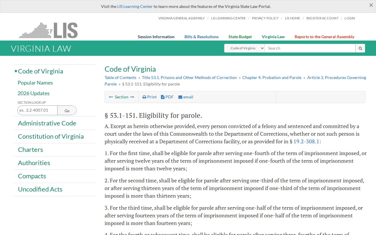 Virginia parole eligibility law relevant to Halifax Correctional Unit releases