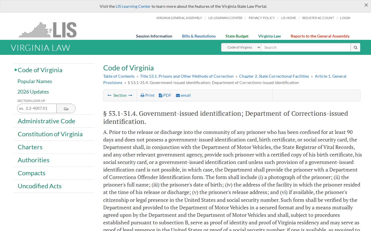 Virginia release identification law for Halifax Correctional Unit prisoners