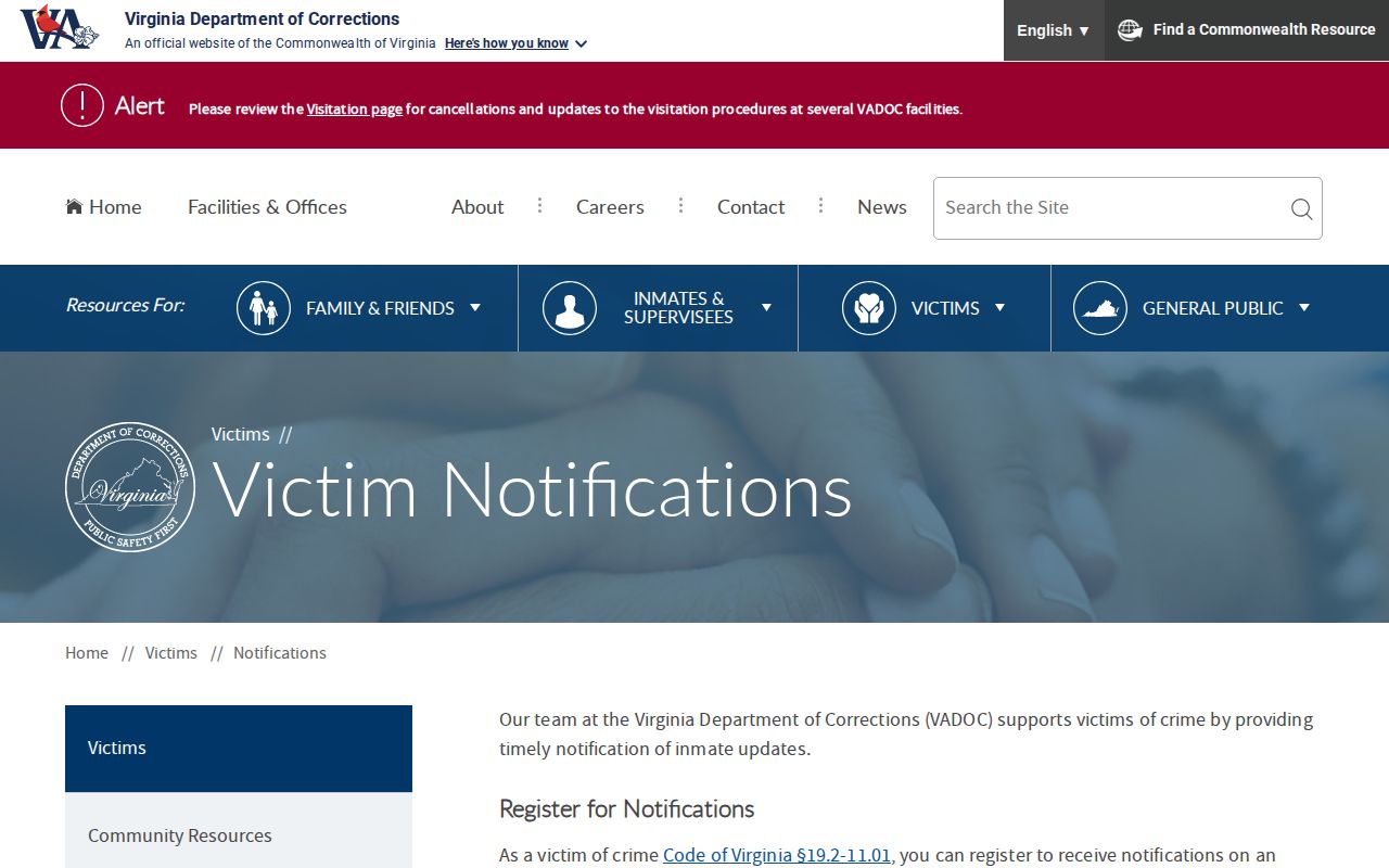 VADOC notification page for Halifax County VINELink release research